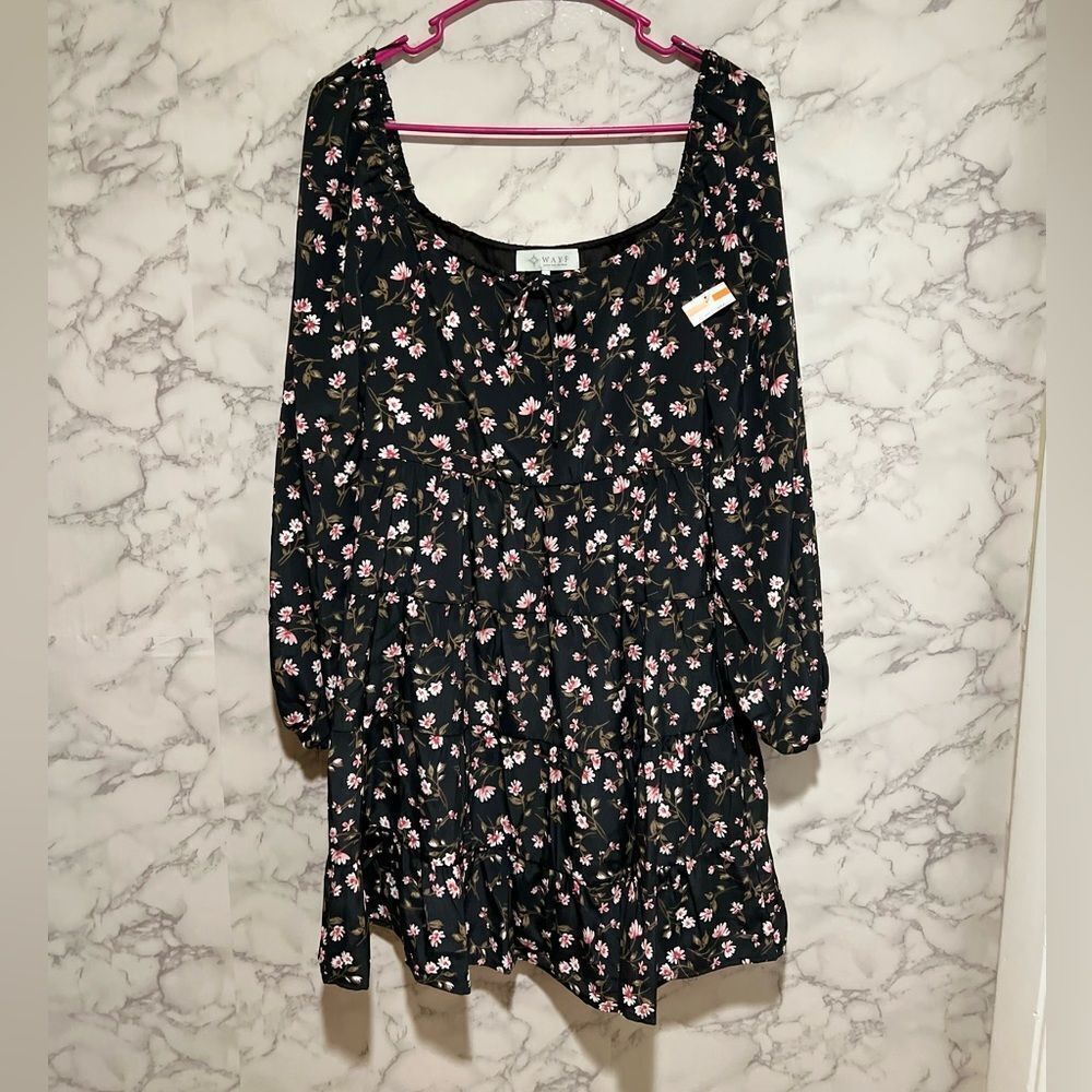 Wayf Black Pink Floral Tiered Peasant Long Sleeve Mini Tunic Dress